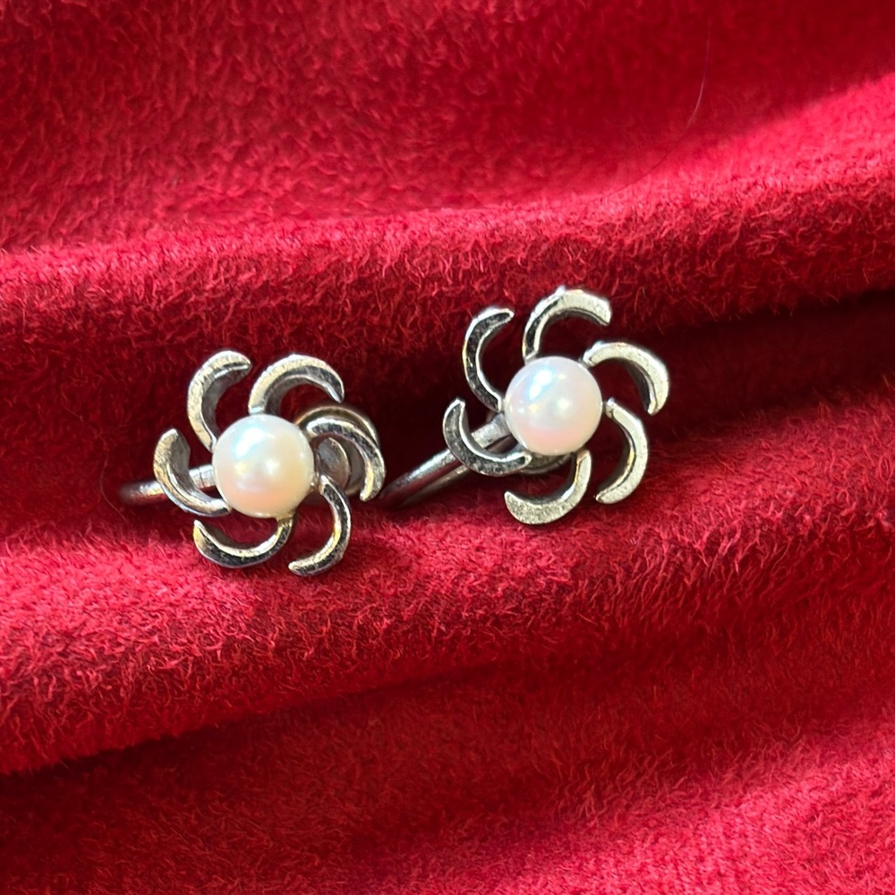 Vintage Amco Sterling Silver and Pearl Swirl Earrings with Screwbacks